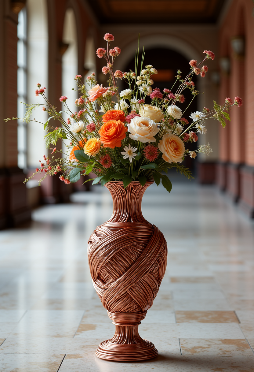 A tall, ornate vase made of twisted copper wire placed centrally on a polished floor. The vase is filled with an abundant arrangement of colorful flowers including shades of orange, white, and pink, with interspersed greenery. The setting appears to be a spacious hallway with arched windows and doorways. 