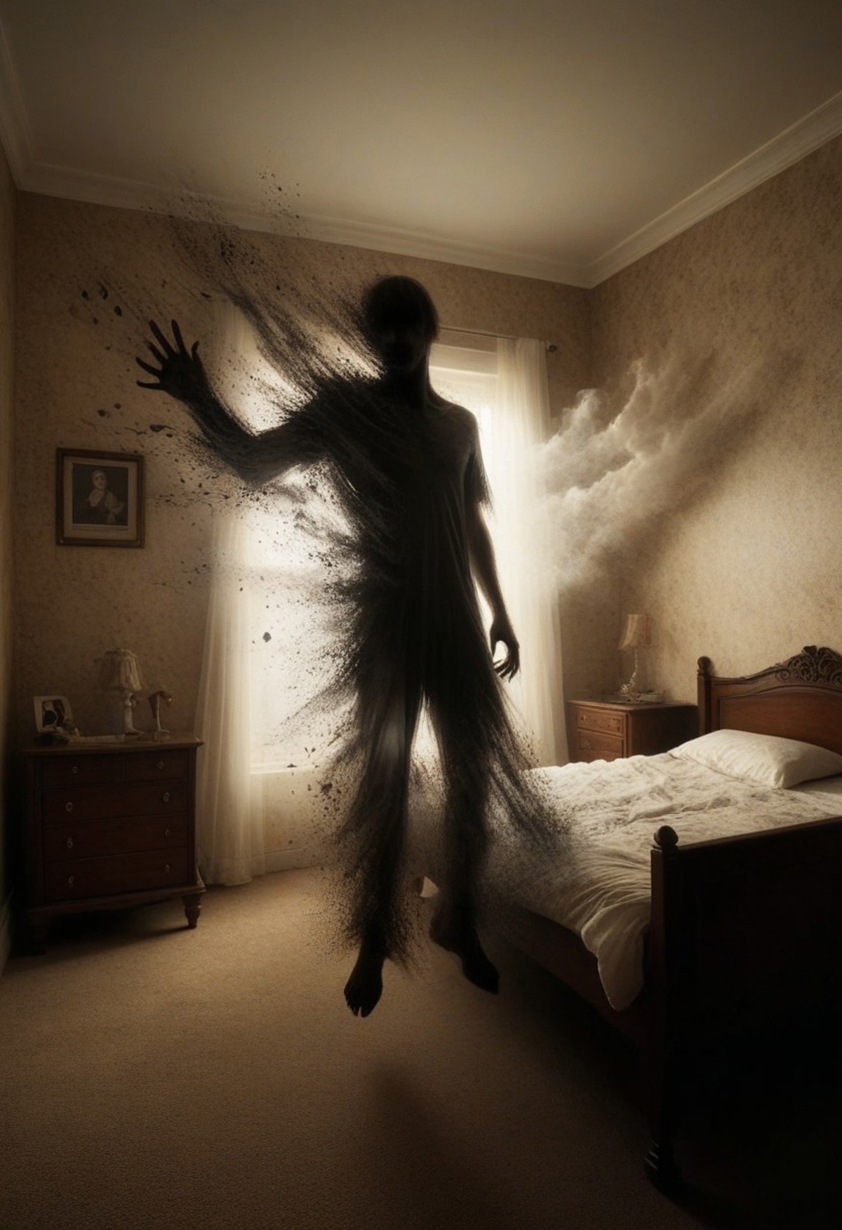 A dimly lit bedroom with an ethereal figure that appears to be disintegrating into fine particles in the center of the room. 