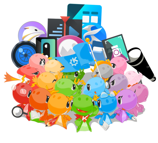 A pile of multi-colored dragons carrying the icons of KDE apps