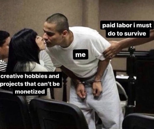 a prisoner in court kisses his spouse goodbye while a arm from offscreen pulls him away. the prisoner is labeled Me. the spouse is labeled Creative hobbies and projects that can't be monetized. the arm is labeled paid labor I must do to survive.