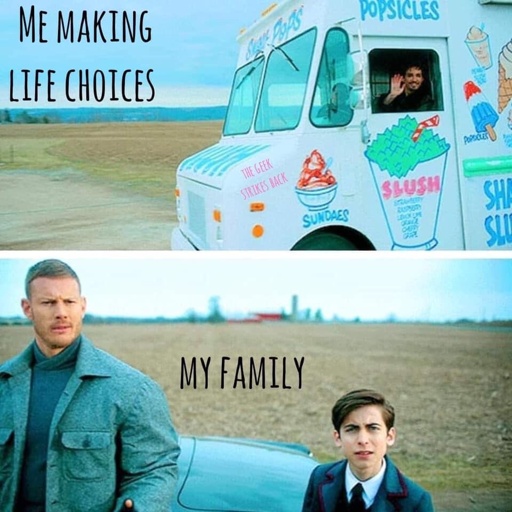 me making life choices. depicted is a guy driving a ice cream truck. my family. two people look in bewilderment 