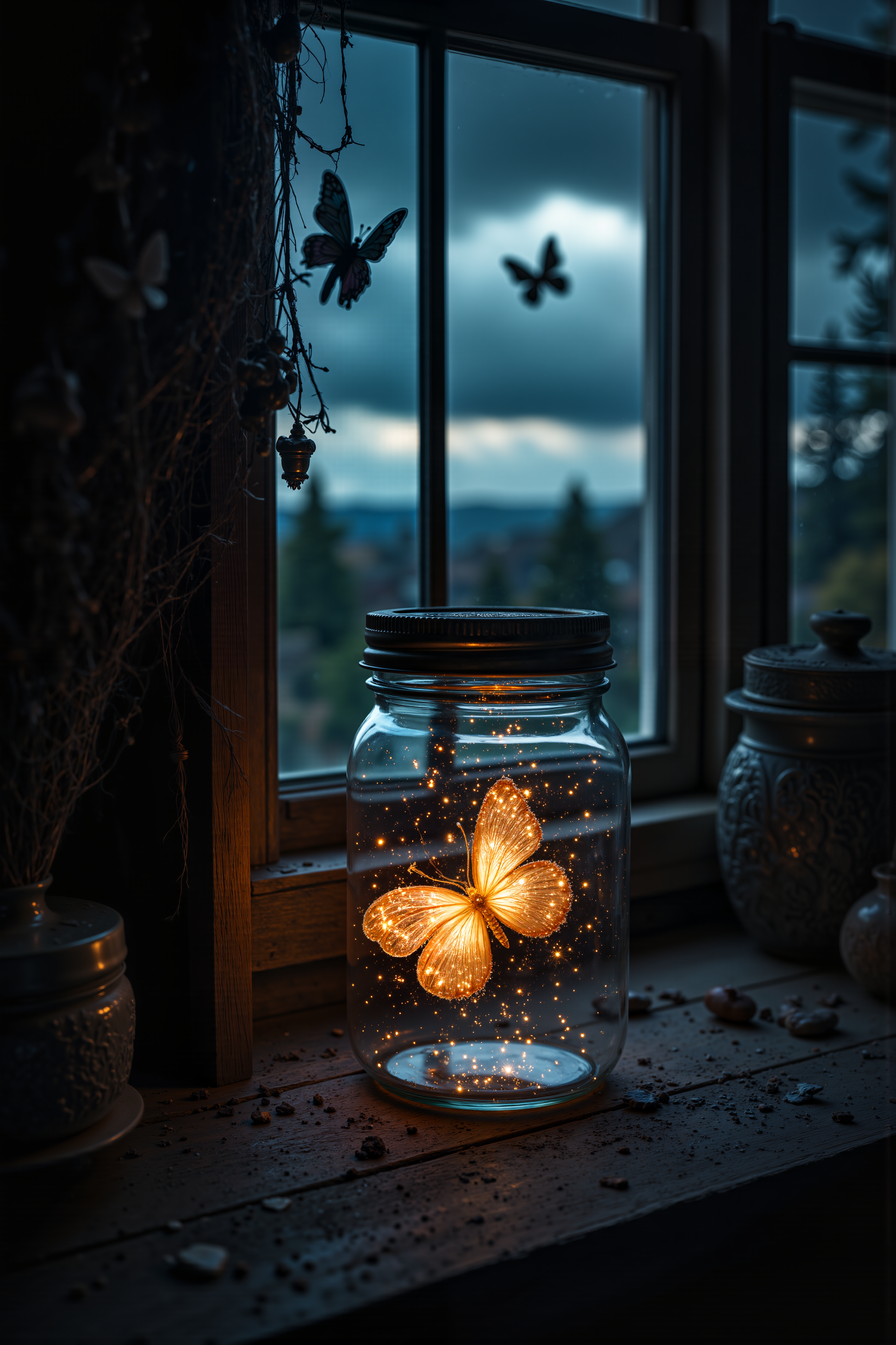 A glass jar on a wooden windowsill, illuminated from within by a multitude of small lights and a large glowing butterfly. The scene is set against the backdrop of an evening sky seen through the window, with dark clouds and two butterflies flying just beyond the window. To the left of the jar, there’s a gnarled plant entering the frame with leaves and an additional butterfly perched on it. There are a couple of ornate containers with intricate designs and debris on the windowsill. 