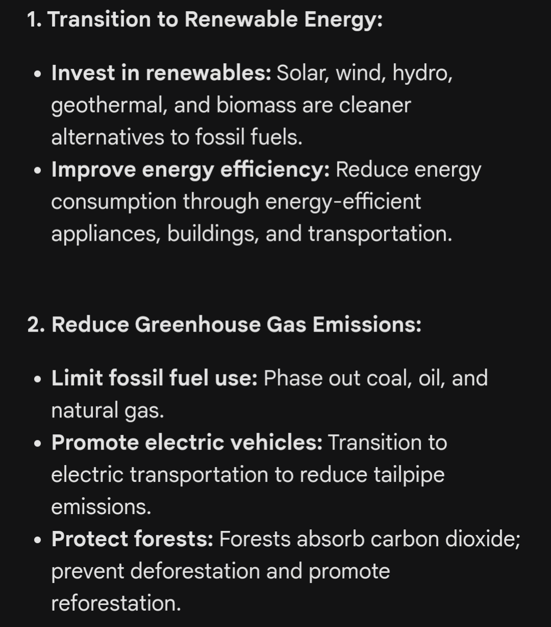 Gemini screenshot: 1. Transition to Renewable Energy
2. Reduce Greenhouse Gas Emissions