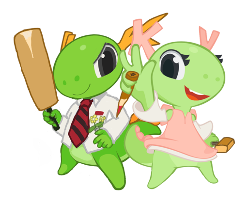 The KDE dragons are ready for Halloween! Konqi is Shaun from "Shaun of the Dead" and Katie is Buffy, the Mighty Vampyre Slayer.