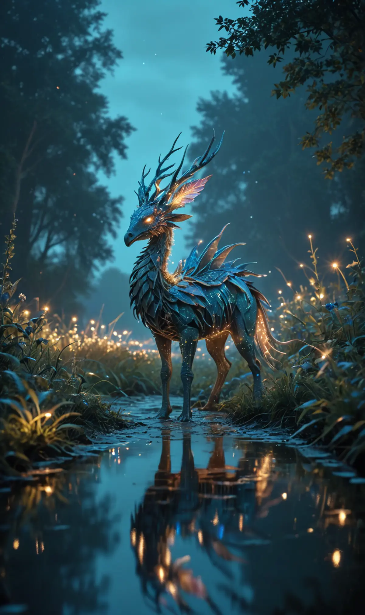 A fantastic stag standing in a moonlit forest. Its body reflects the glow of the bioluminescent plants around it, and a puddle mirrors its striking form below.