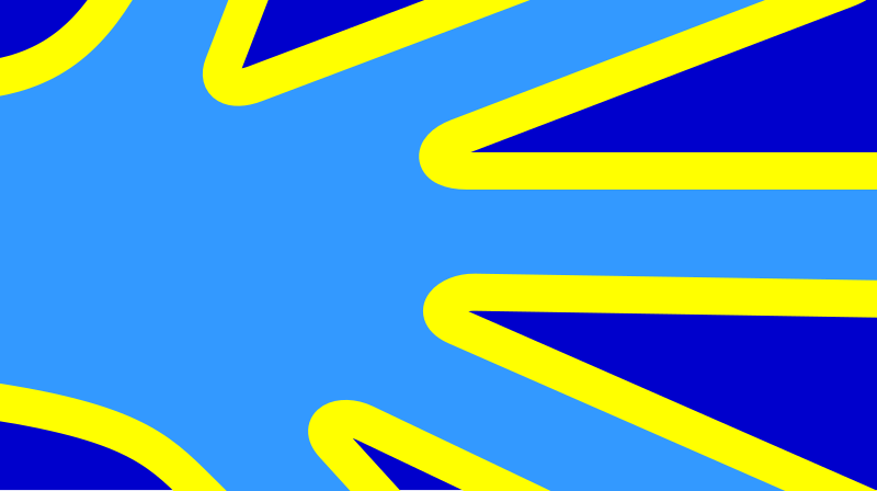 A flag design depicting a turquoise hand bordered in yellow laid flat on a blue field, the fingers running to the edge of the frame