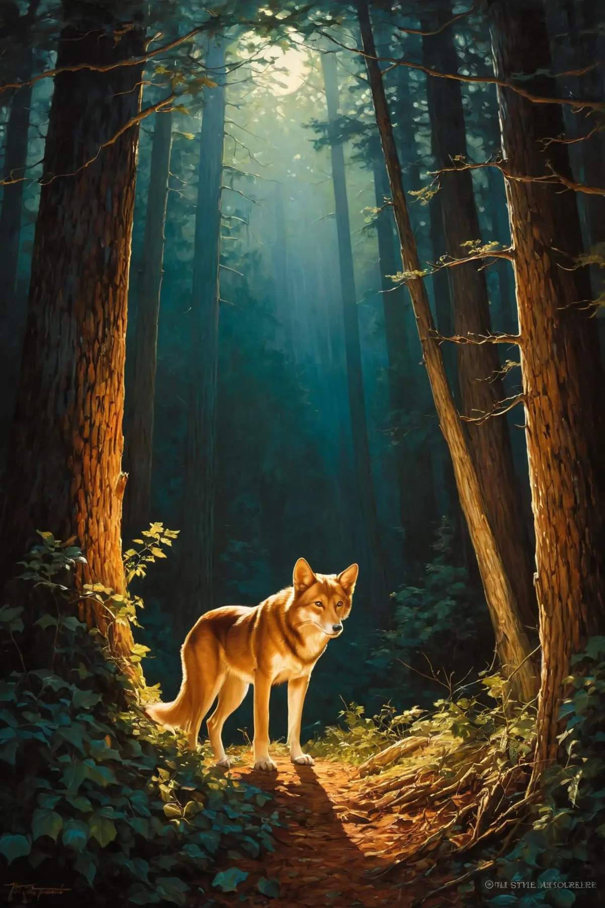 A coyote standing in the center of a forest path bathed in golden beams of sunlight. 